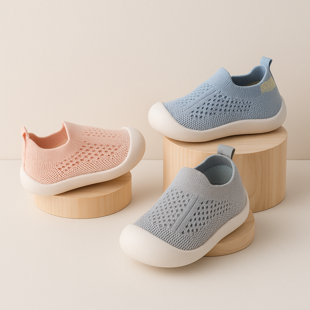 "Ademende kindersneakers met antislipzolen in pastelkleuren. Comfortabele schoenen voor avontuurlijke kinderactiviteiten."