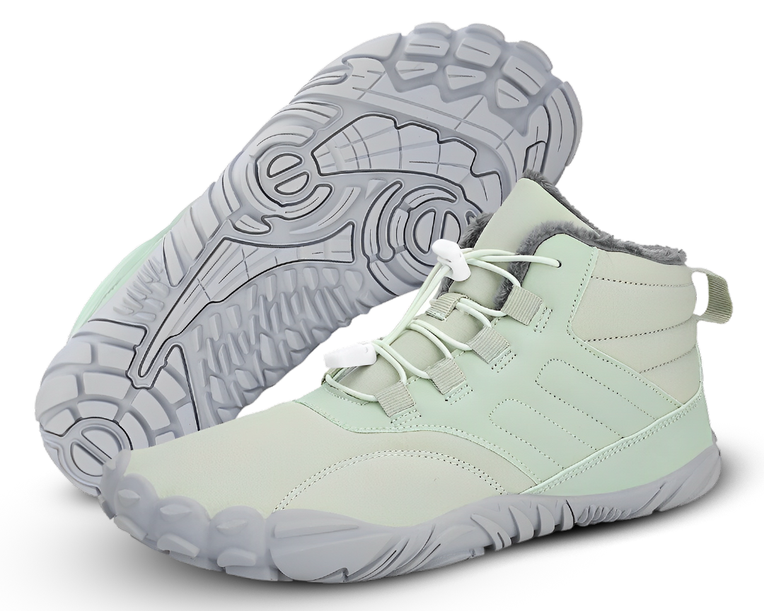 "ArcticBare Flex winter barefoot schoenen, antislip, waterdicht, uniseks, outdoor, zwart met rubberen zolen."