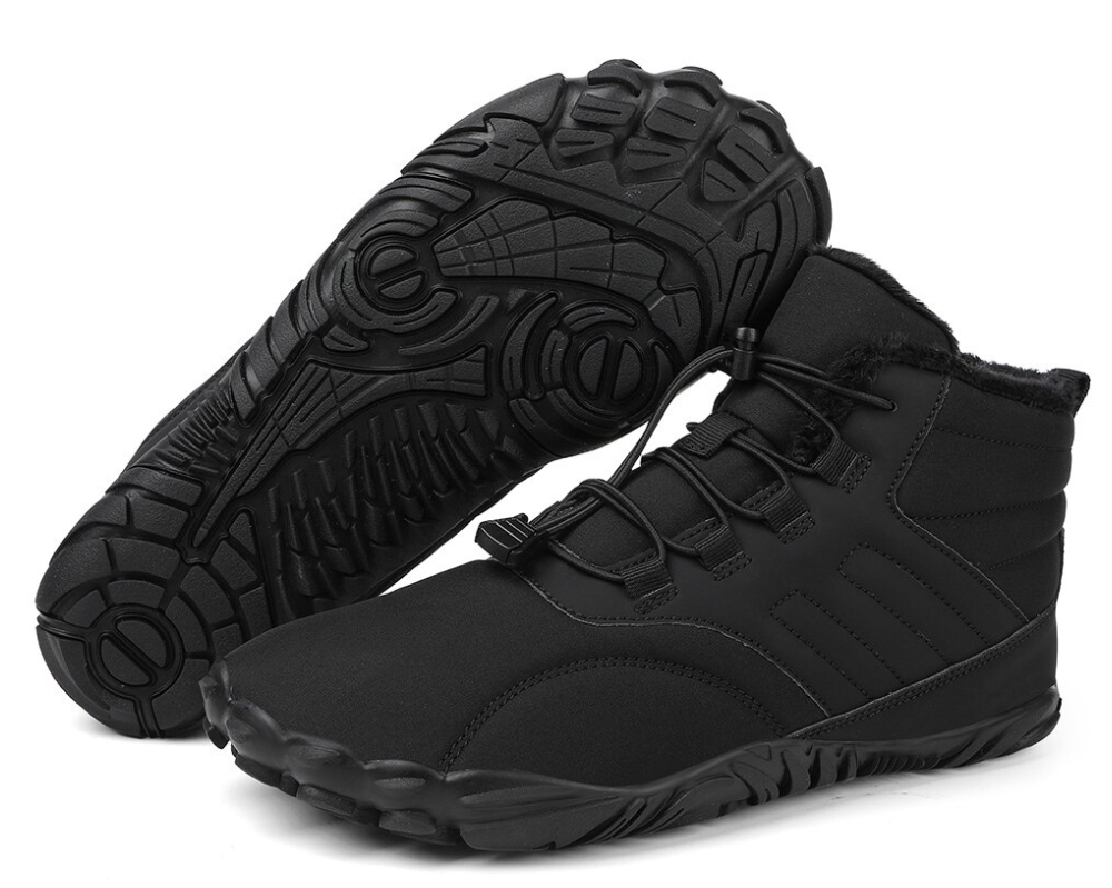 "ArcticBare Flex winter barefoot schoenen, antislip, waterdicht, uniseks, outdoor, zwart met rubberen zolen."
