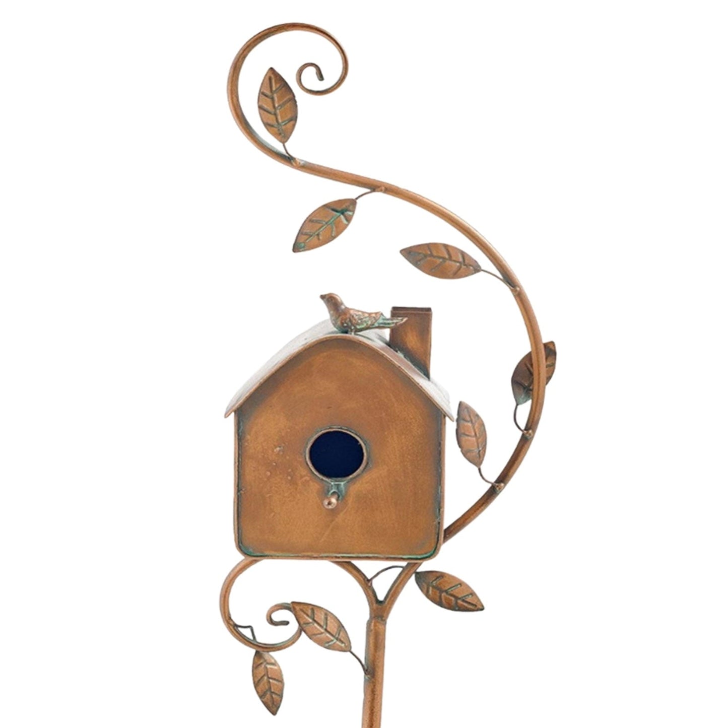 "Artistiek metalen vogelhuisje voor tuin, roestbruin design met duurzame structuur, eenvoudig te installeren met tuinsteker."