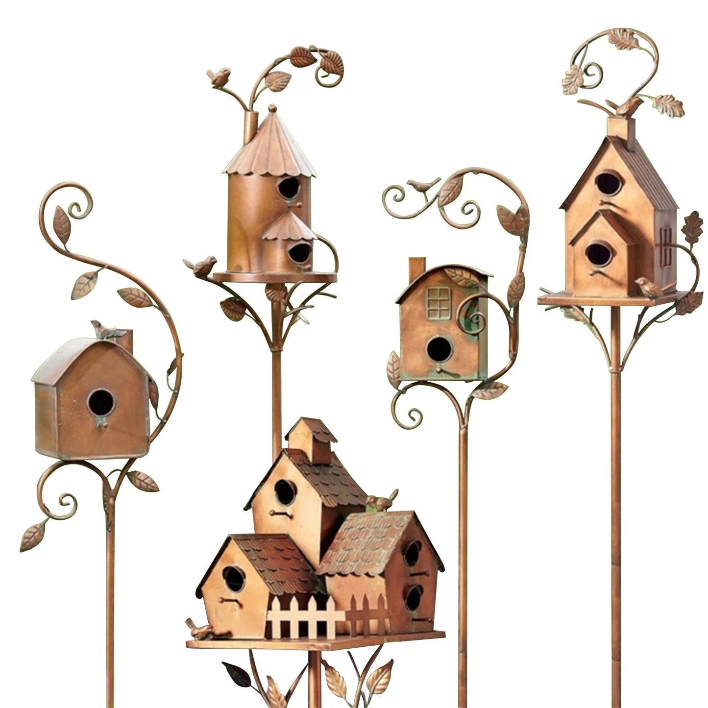 "Artistiek metalen vogelhuisje voor tuin, roestbruin design met duurzame structuur, eenvoudig te installeren met tuinsteker."