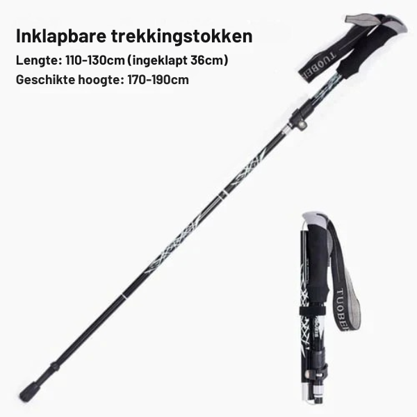 "Automatisch opvouwbare zwarte wandelstok met ergonomische handgreep, lichtgewicht aluminium en verstelbare lengte."