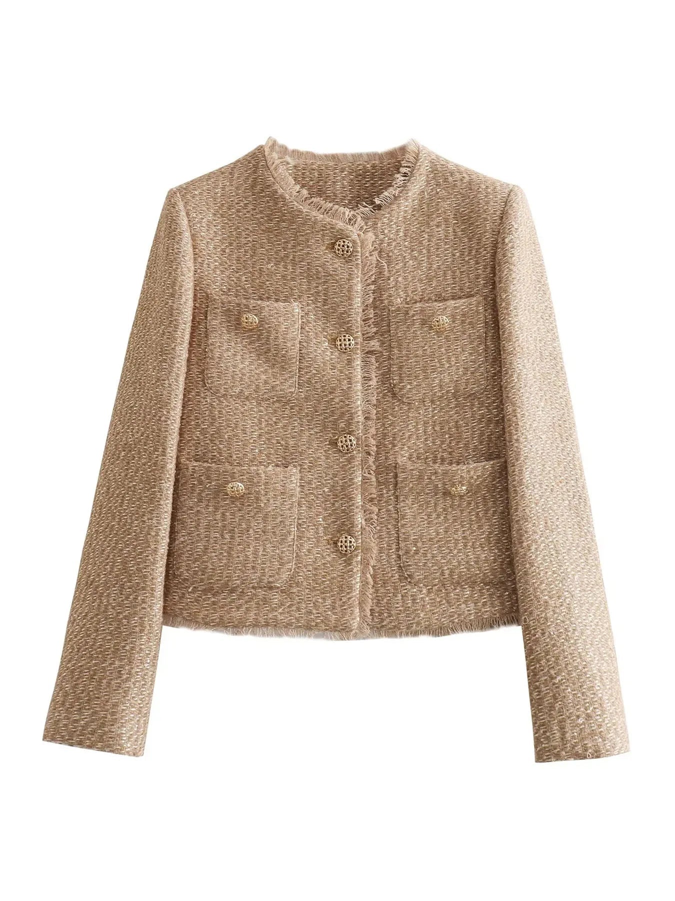 "Beige Sarah tweed jasje met gouden knopen, klassieke stijl, elegant en veelzijdig voor dameskleding."