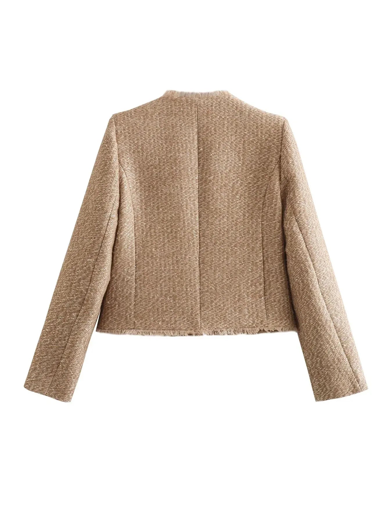 "Beige Sarah tweed jasje met gouden knopen, klassieke stijl, elegant en veelzijdig voor dameskleding."
