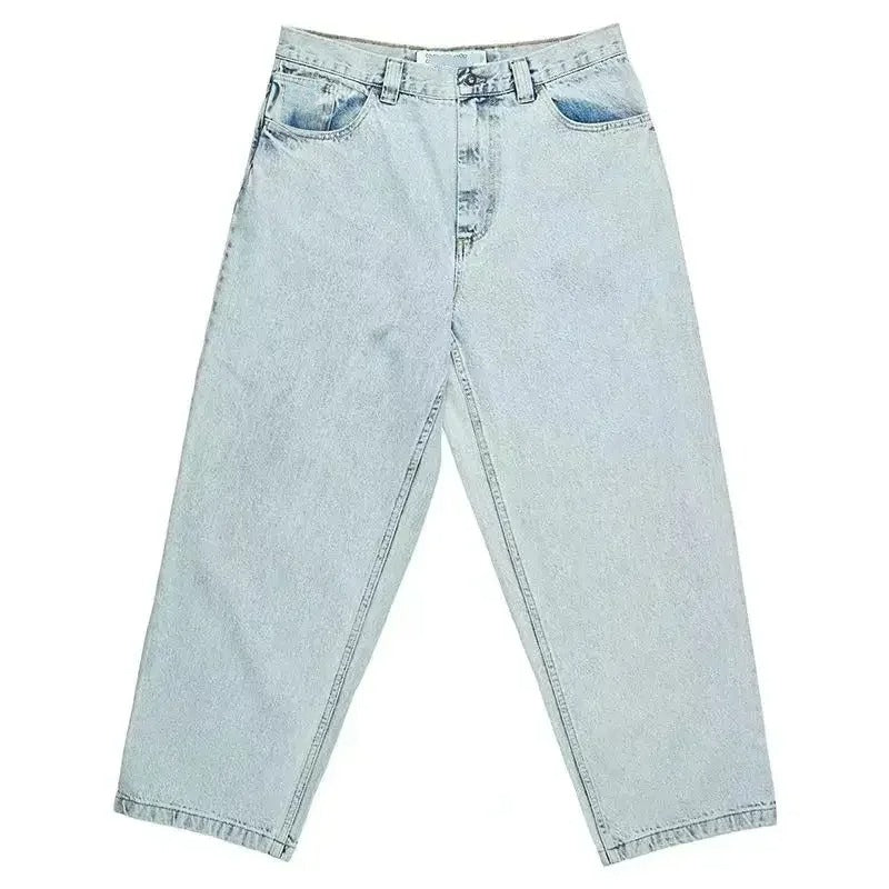 "Blauw oversized heren baggy skater jeans met losse pasvorm, perfect voor streetwear en casual stijl."