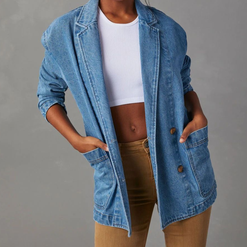 Blauwe denim damesjas, casual stijl, ideaal voor lente en zomer, veelzijdig en trendy, perfect voor modieuze outfits.