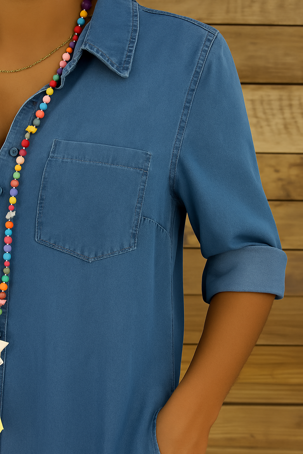 "Casual denim blousejurk met knoopsluiting, opgerolde mouwen en zakken; verkrijgbaar in maat S-3XL; stijlvol en comfortabel."