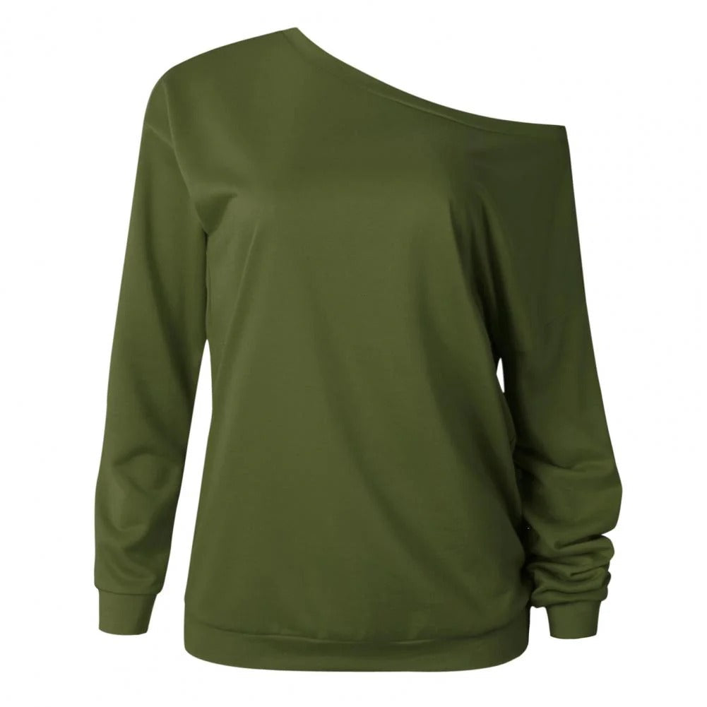 "Chique en stijlvolle dames one-shoulder trui Beatrix met verfijnde halslijn, ideaal voor elegante en casual gelegenheden."