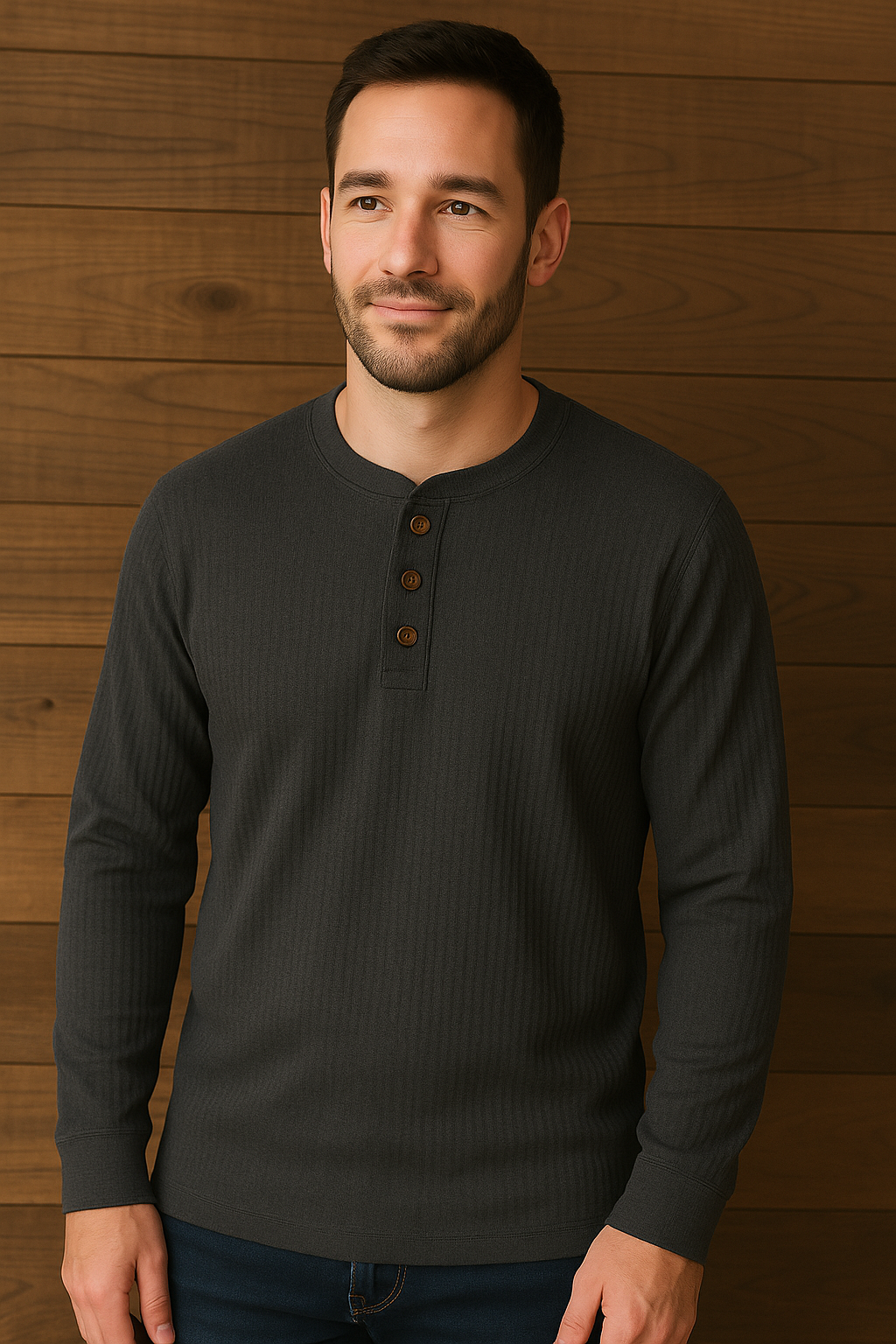 "Comfortabel heren Henley shirt, grijze wafelstructuur, met knoopsluiting, casual en sportieve stijl voor elke gelegenheid."