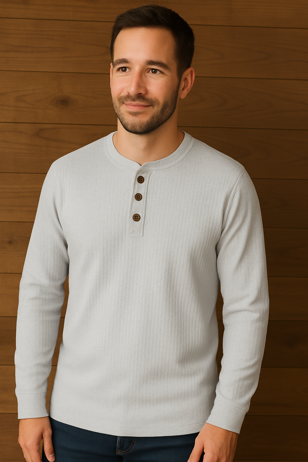 "Comfortabel heren Henley shirt, grijze wafelstructuur, met knoopsluiting, casual en sportieve stijl voor elke gelegenheid."