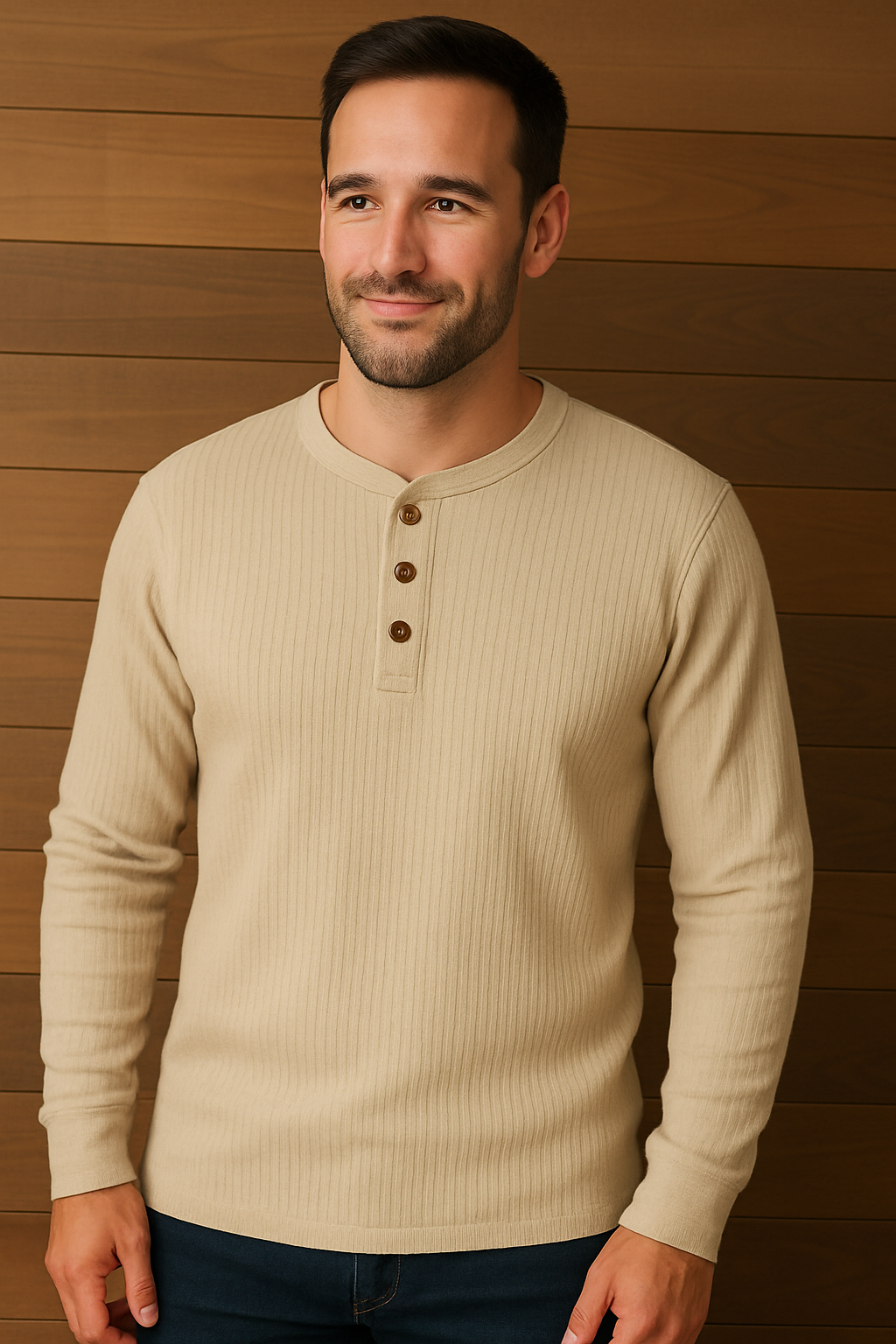 "Comfortabel heren Henley shirt, grijze wafelstructuur, met knoopsluiting, casual en sportieve stijl voor elke gelegenheid."