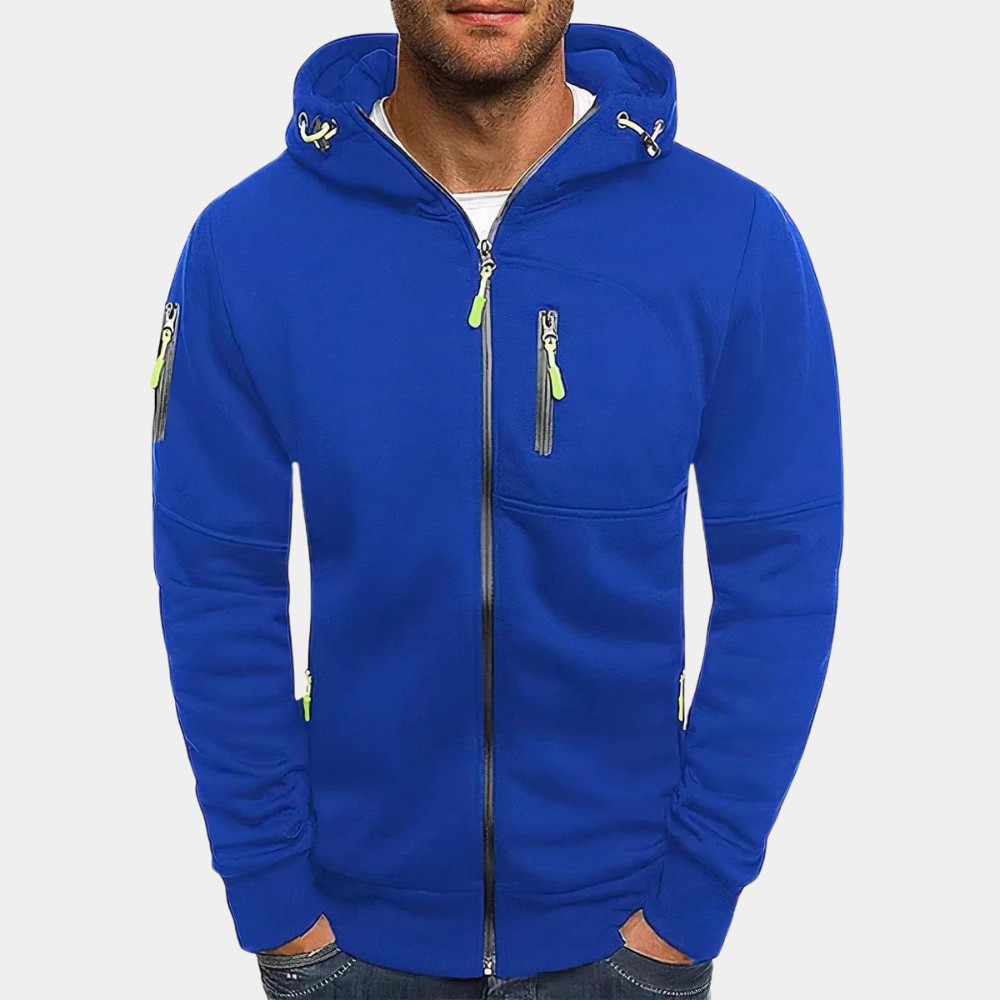 "Comfortabele heren hoodie met rits en capuchon in veelkleurig design, ideaal voor zomer, zwart, blauw, groen, grijs."