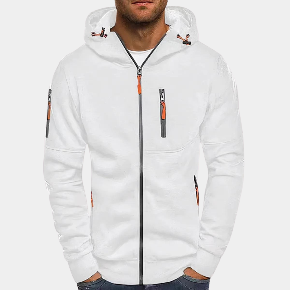 "Comfortabele heren hoodie met rits en capuchon in veelkleurig design, ideaal voor zomer, zwart, blauw, groen, grijs."