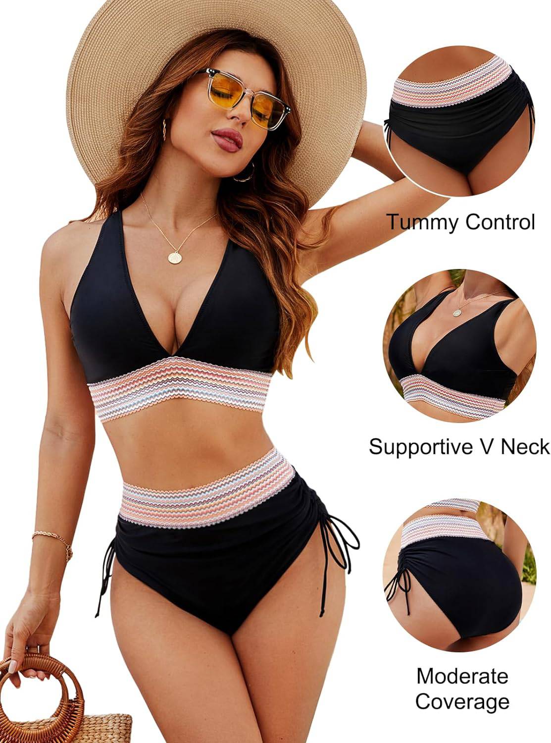 "Corrigerende rode bikini met buikcontrole en kleurblokontwerp voor dames, high-waisted en stijlvolle pasvorm"