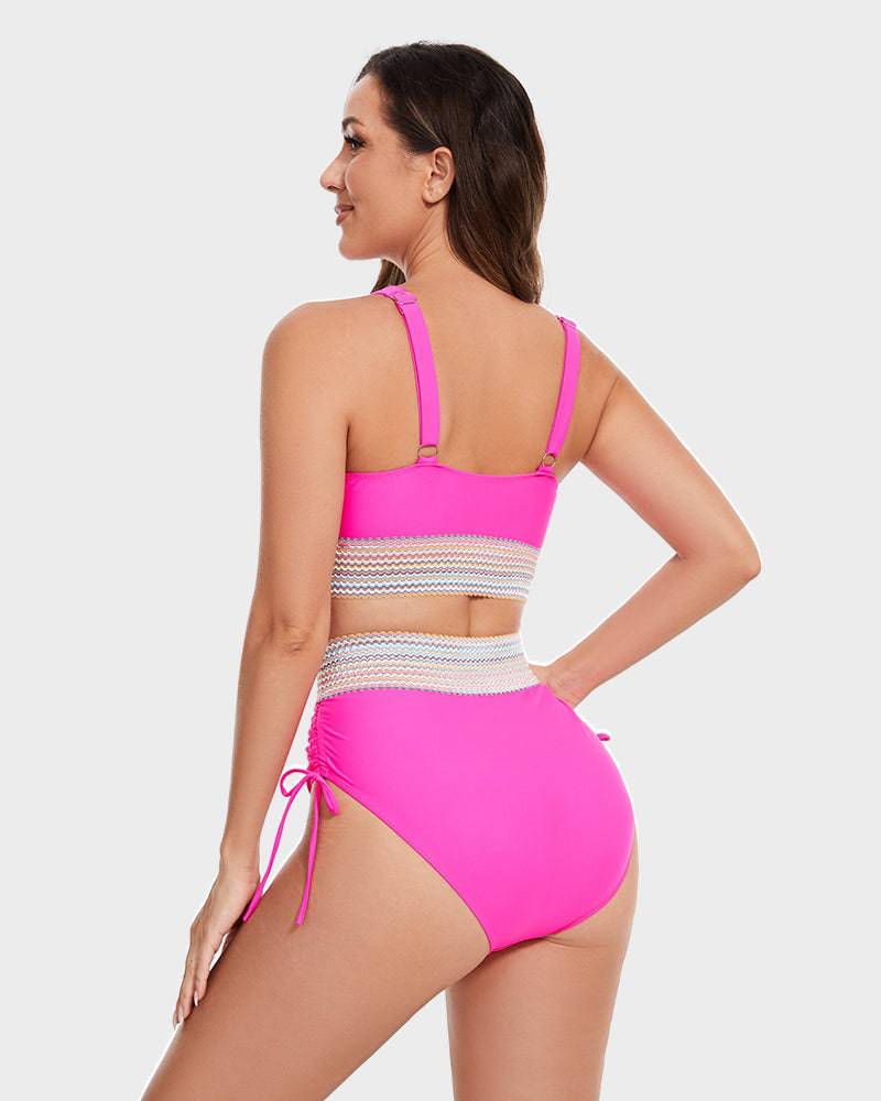 "Corrigerende rode bikini met buikcontrole en kleurblokontwerp voor dames, high-waisted en stijlvolle pasvorm"