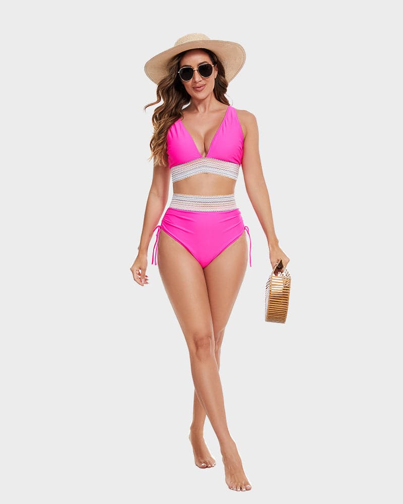 "Corrigerende rode bikini met buikcontrole en kleurblokontwerp voor dames, high-waisted en stijlvolle pasvorm"