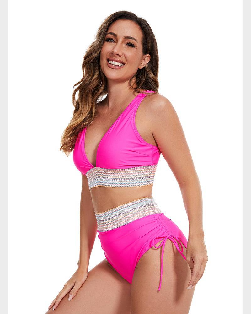 "Corrigerende rode bikini met buikcontrole en kleurblokontwerp voor dames, high-waisted en stijlvolle pasvorm"