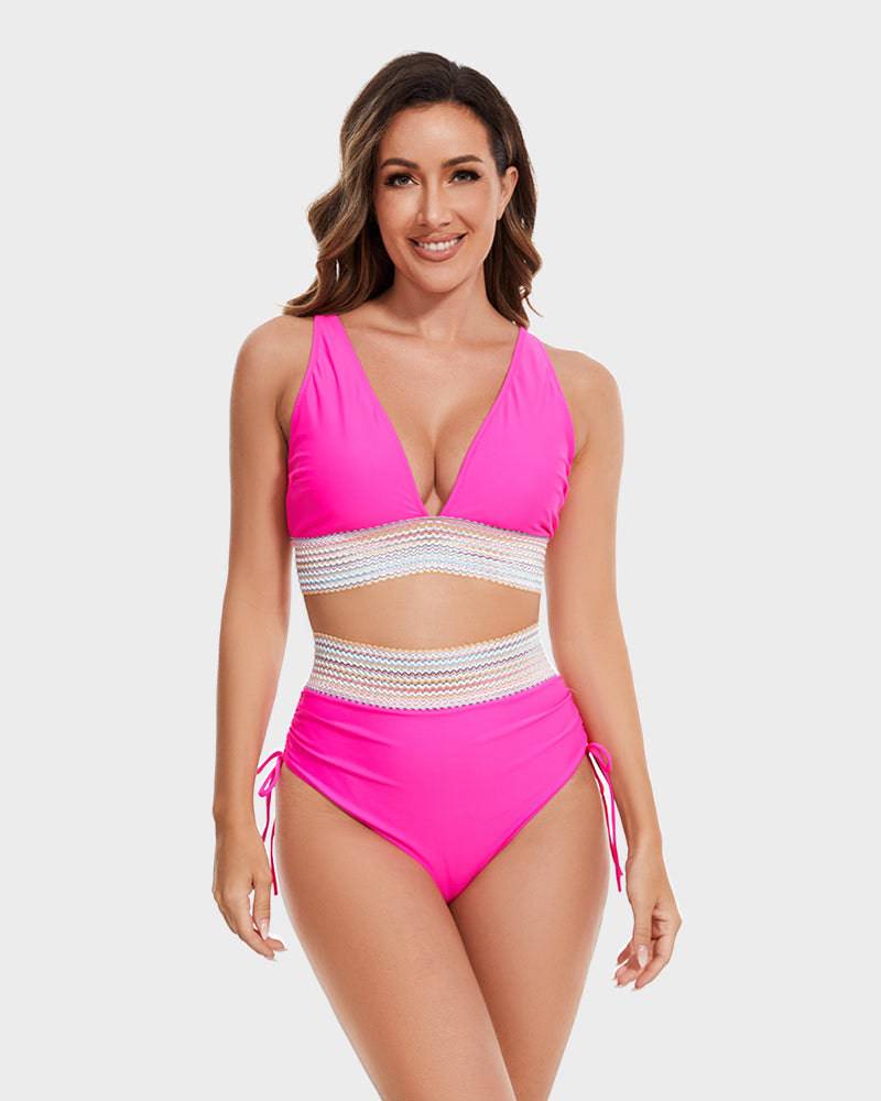 "Corrigerende rode bikini met buikcontrole en kleurblokontwerp voor dames, high-waisted en stijlvolle pasvorm"