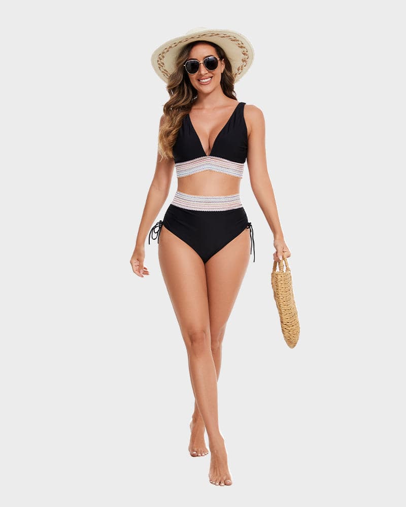 "Corrigerende rode bikini met buikcontrole en kleurblokontwerp voor dames, high-waisted en stijlvolle pasvorm"