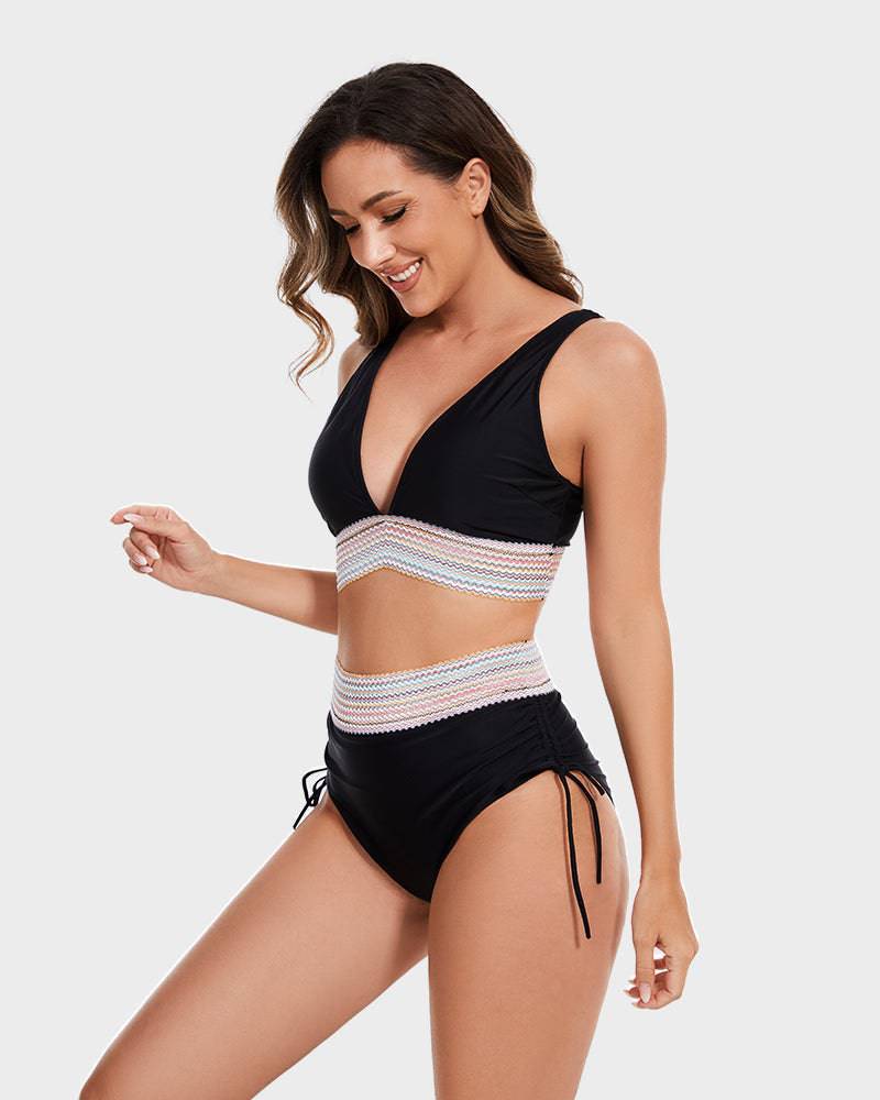"Corrigerende rode bikini met buikcontrole en kleurblokontwerp voor dames, high-waisted en stijlvolle pasvorm"