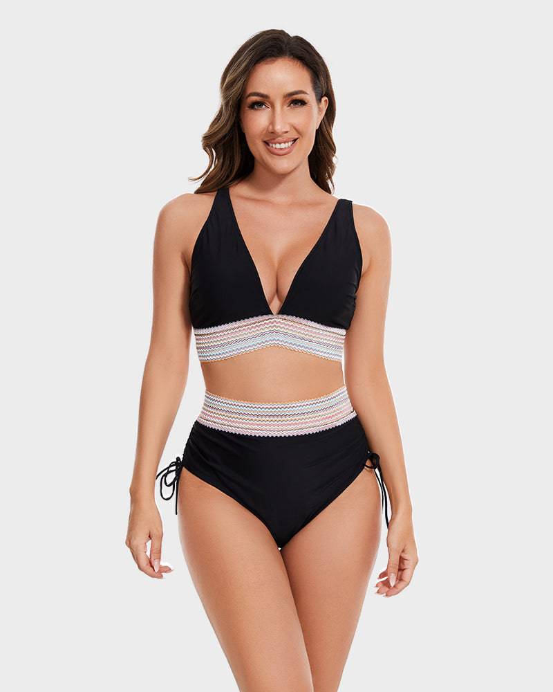 "Corrigerende rode bikini met buikcontrole en kleurblokontwerp voor dames, high-waisted en stijlvolle pasvorm"