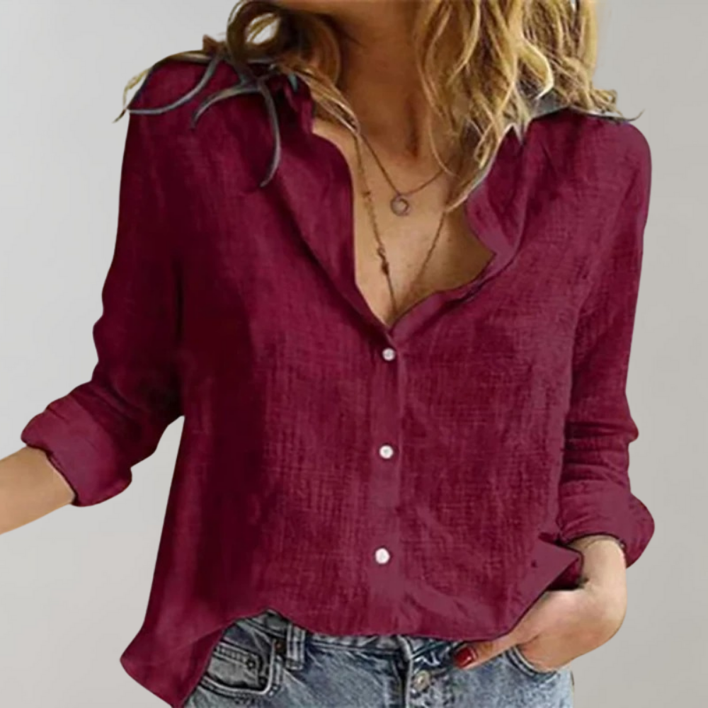 "Dames katoenen blouse Isabeau, zacht ademend, tijdloos design, elegant en veelzijdig, witte blouse met knoopsluiting."