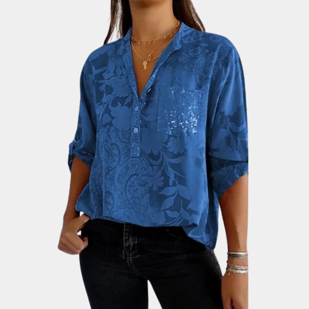 "Damesblouse met verstelbare mouwen, bloemenmotief, voor casual en formele looks, elegante zomerstijl, paarse kleur."