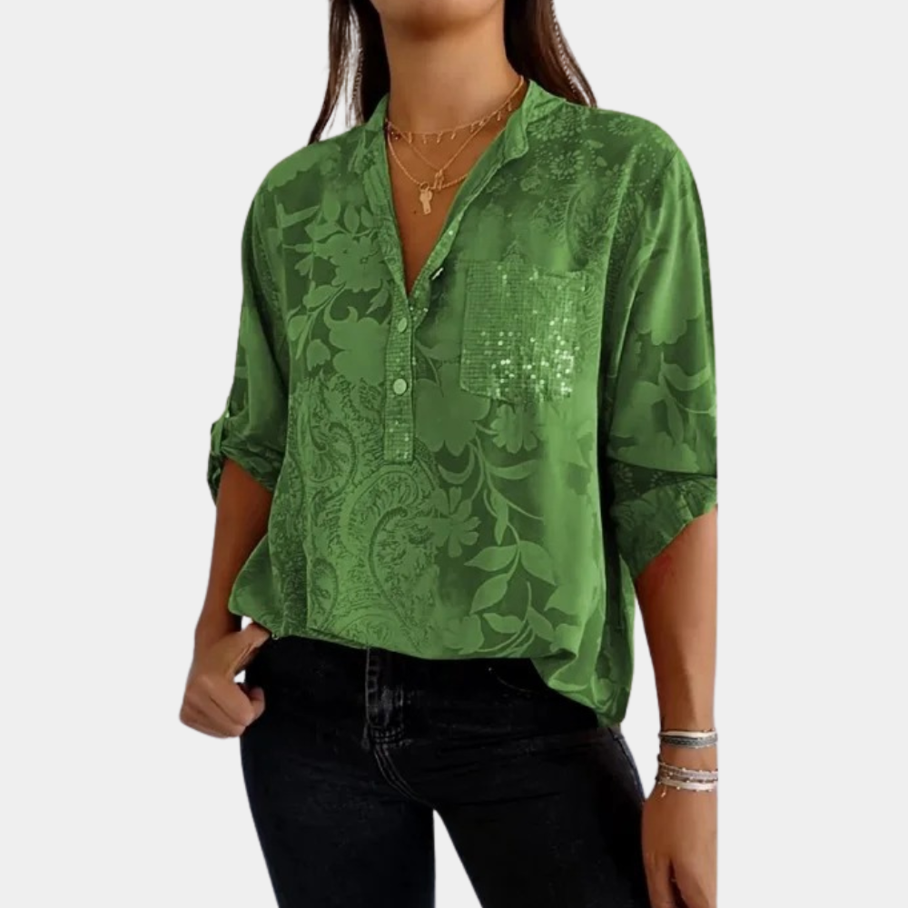 "Damesblouse met verstelbare mouwen, bloemenmotief, voor casual en formele looks, elegante zomerstijl, paarse kleur."