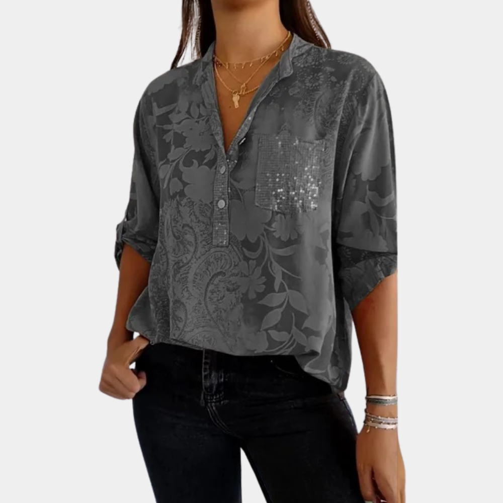 "Damesblouse met verstelbare mouwen, bloemenmotief, voor casual en formele looks, elegante zomerstijl, paarse kleur."