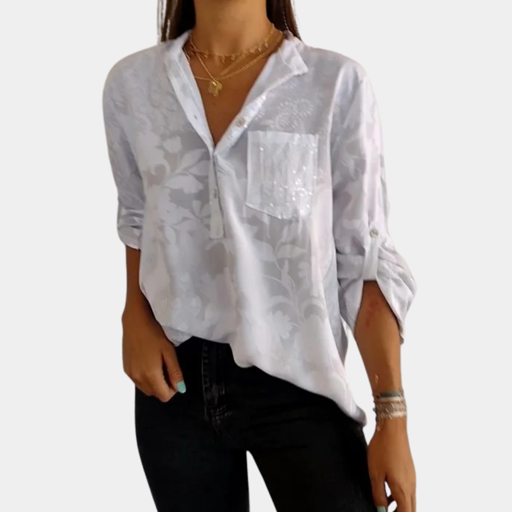 "Damesblouse met verstelbare mouwen, bloemenmotief, voor casual en formele looks, elegante zomerstijl, paarse kleur."