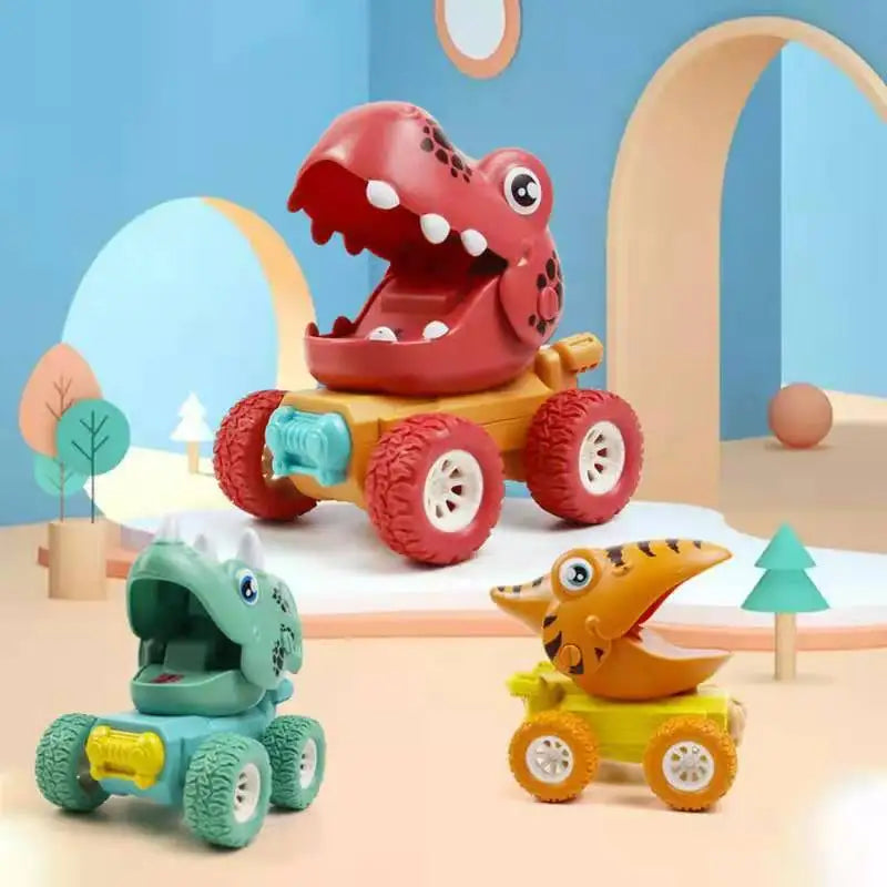 "Dino monstertruck race set voor kinderen met kleurrijke dino en monstertruck designs, stevig en duurzaam ABS-materiaal."
