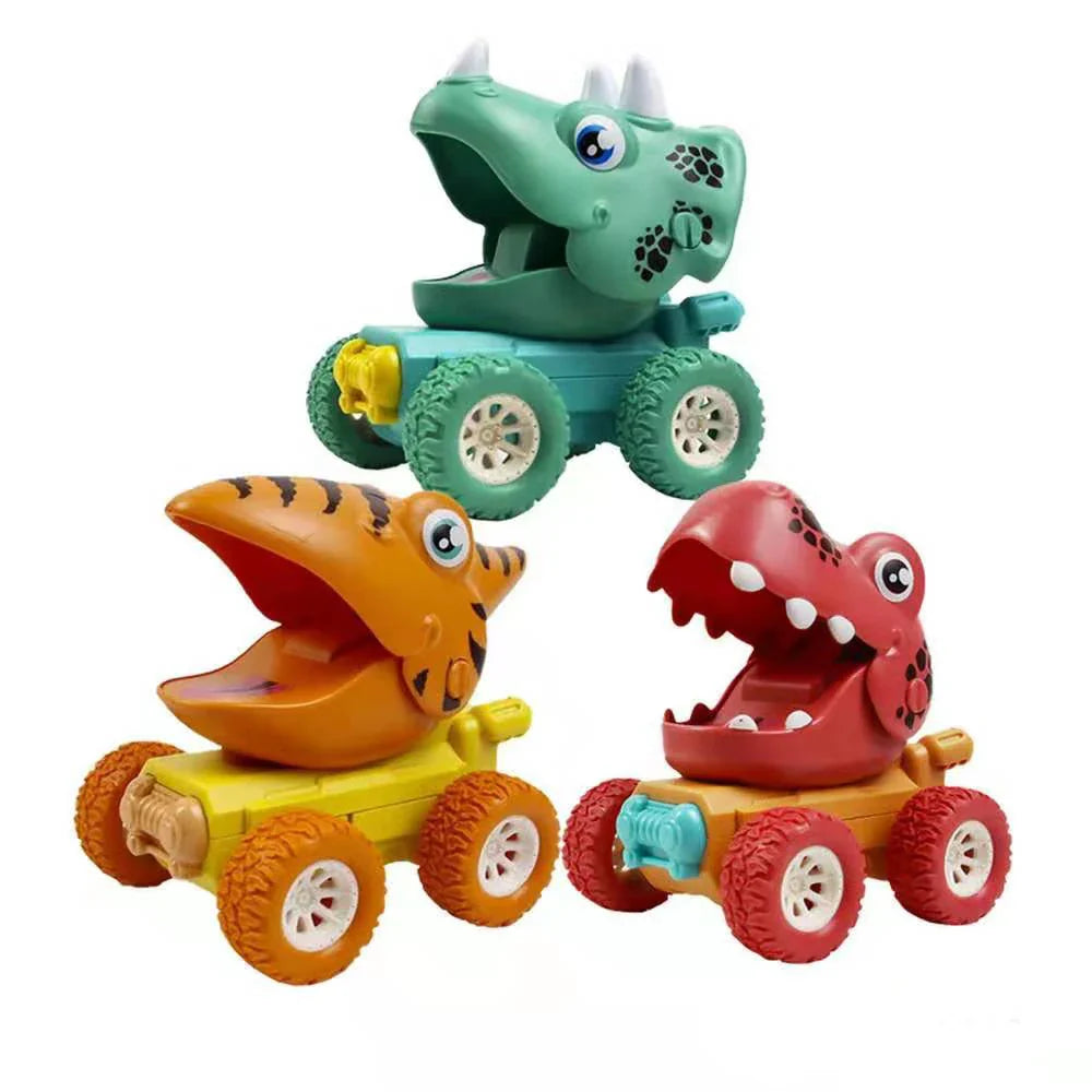 "Dino monstertruck race set voor kinderen met kleurrijke dino en monstertruck designs, stevig en duurzaam ABS-materiaal."