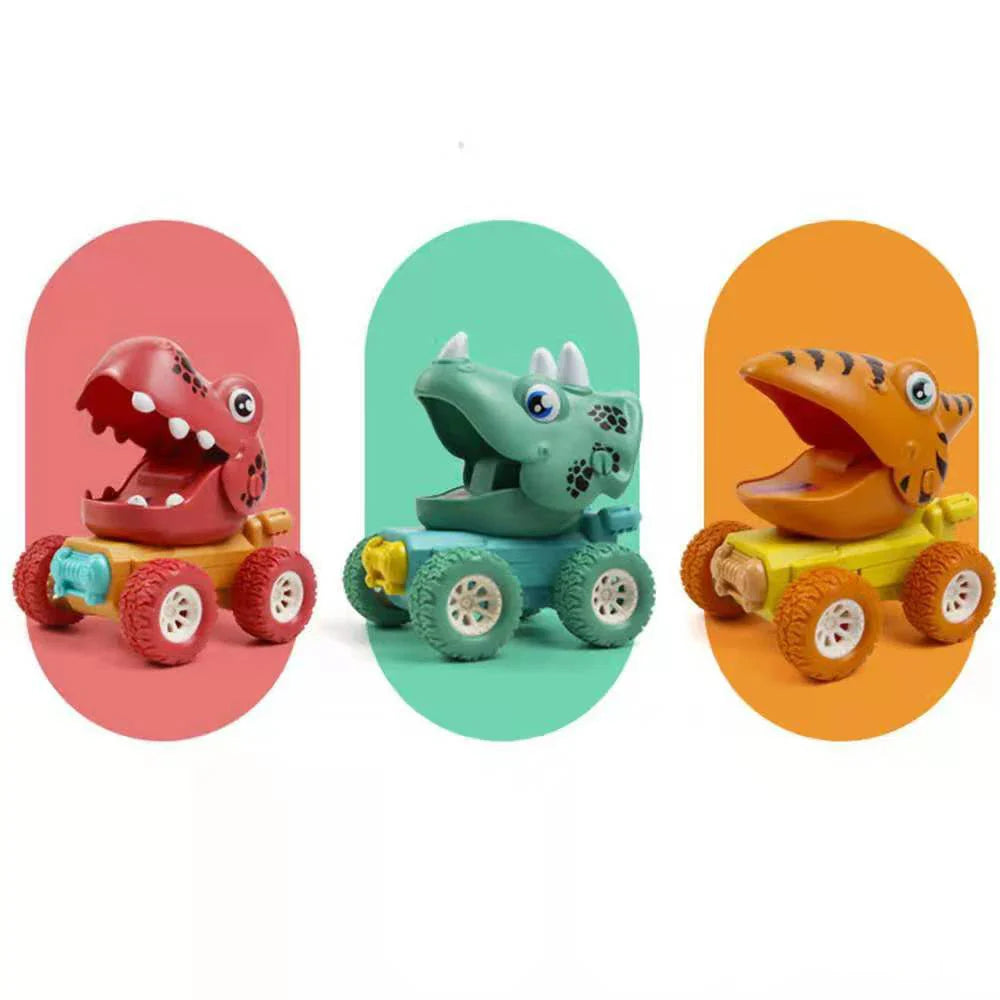 "Dino monstertruck race set voor kinderen met kleurrijke dino en monstertruck designs, stevig en duurzaam ABS-materiaal."