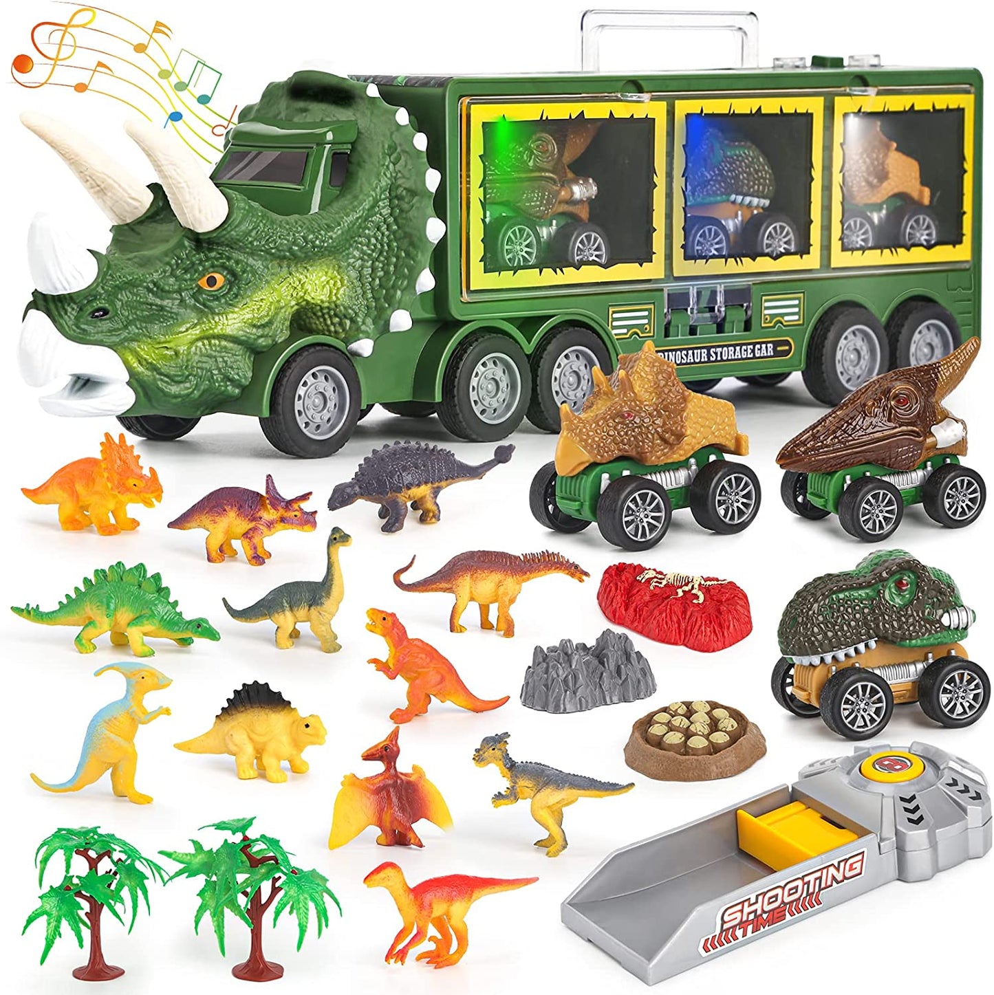 "Dino speelgoedtruck met kleurrijke dino's, licht en geluidseffecten, perfect voor kinderen, fantasierijk spel."