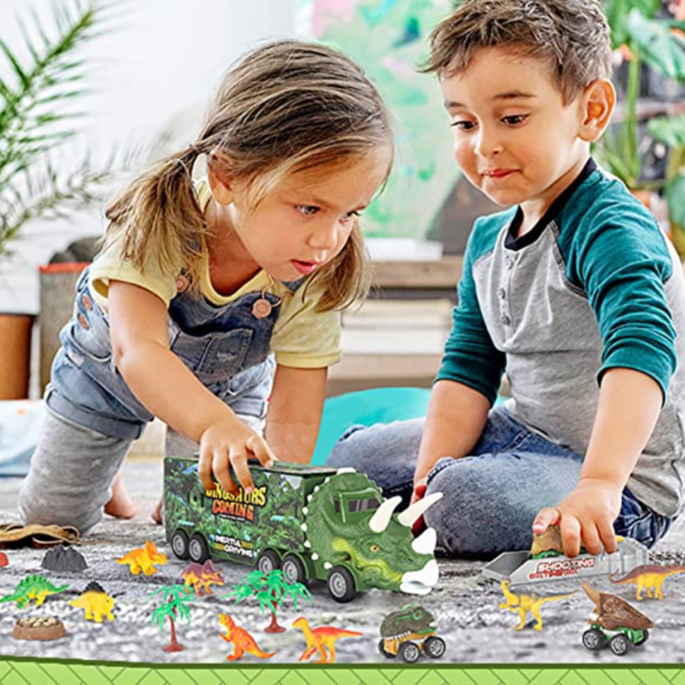 "Dino speelgoedtruck met kleurrijke dino's, licht en geluidseffecten, perfect voor kinderen, fantasierijk spel."