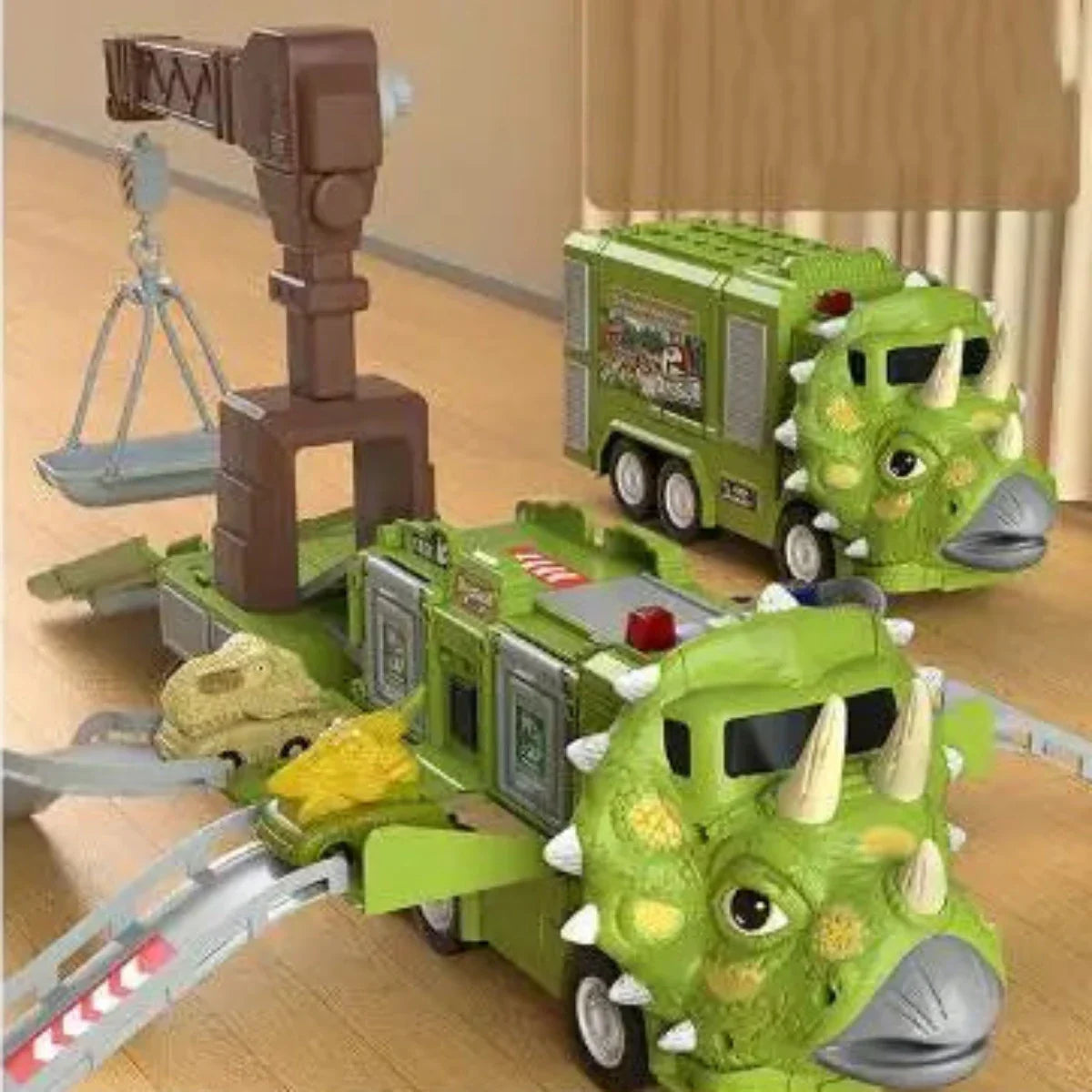 "DinoTruck speelgoedset in dinosaurustransformatie met licht en geluid, uitvouwbare, kleurrijke trucks voor kinderen."