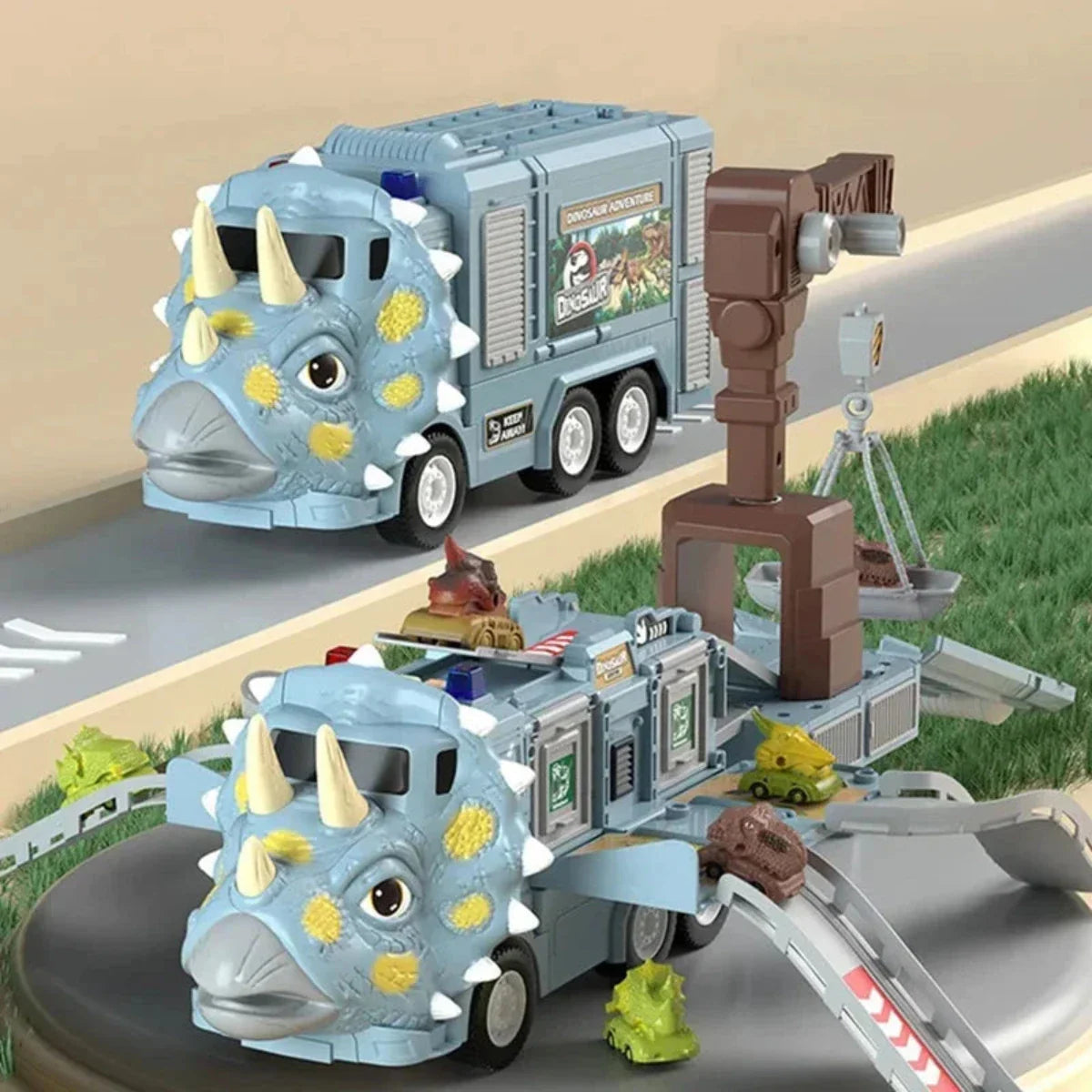 "DinoTruck speelgoedset in dinosaurustransformatie met licht en geluid, uitvouwbare, kleurrijke trucks voor kinderen."