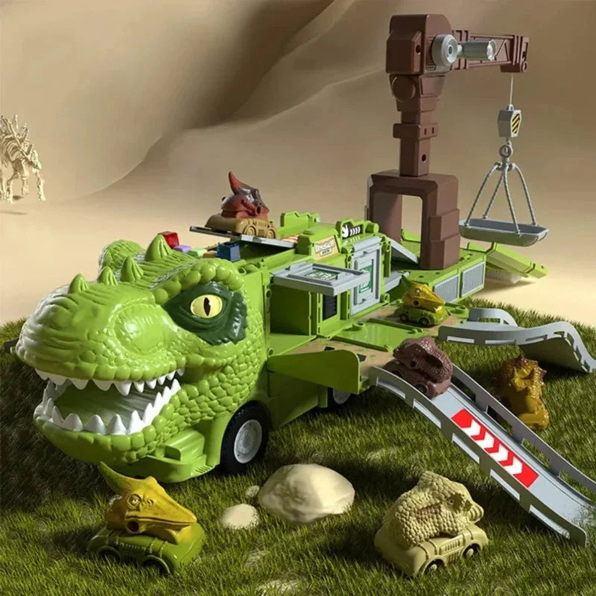 "DinoTruck speelgoedset in dinosaurustransformatie met licht en geluid, uitvouwbare, kleurrijke trucks voor kinderen."