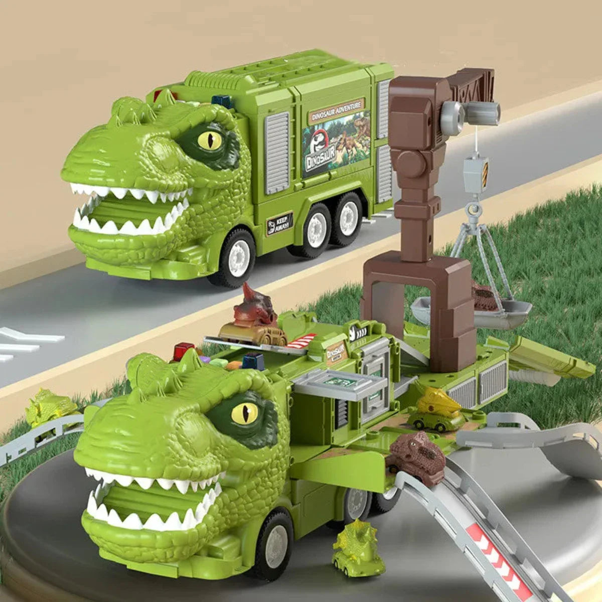 "DinoTruck speelgoedset in dinosaurustransformatie met licht en geluid, uitvouwbare, kleurrijke trucks voor kinderen."