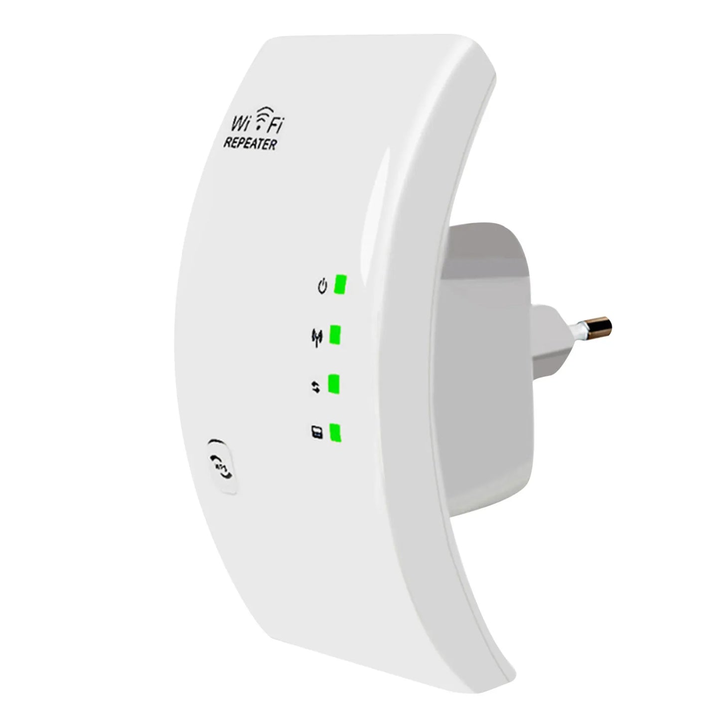 "Draadloze WiFi-signaalversterker, compacte witte behuizing, plug-and-play, voor betere internetdekking in huis"