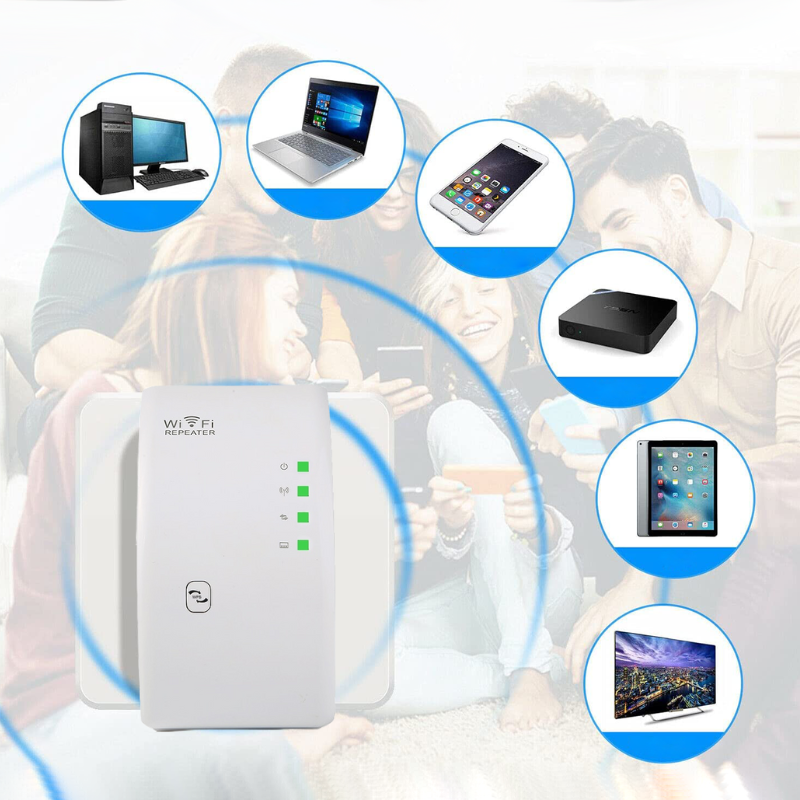 "Draadloze WiFi-signaalversterker, compacte witte behuizing, plug-and-play, voor betere internetdekking in huis"