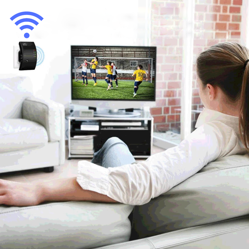 "Draadloze WiFi-signaalversterker, compacte witte behuizing, plug-and-play, voor betere internetdekking in huis"