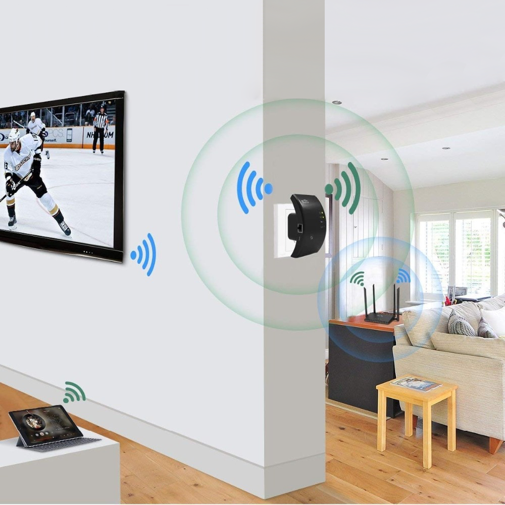 "Draadloze WiFi-signaalversterker, compacte witte behuizing, plug-and-play, voor betere internetdekking in huis"