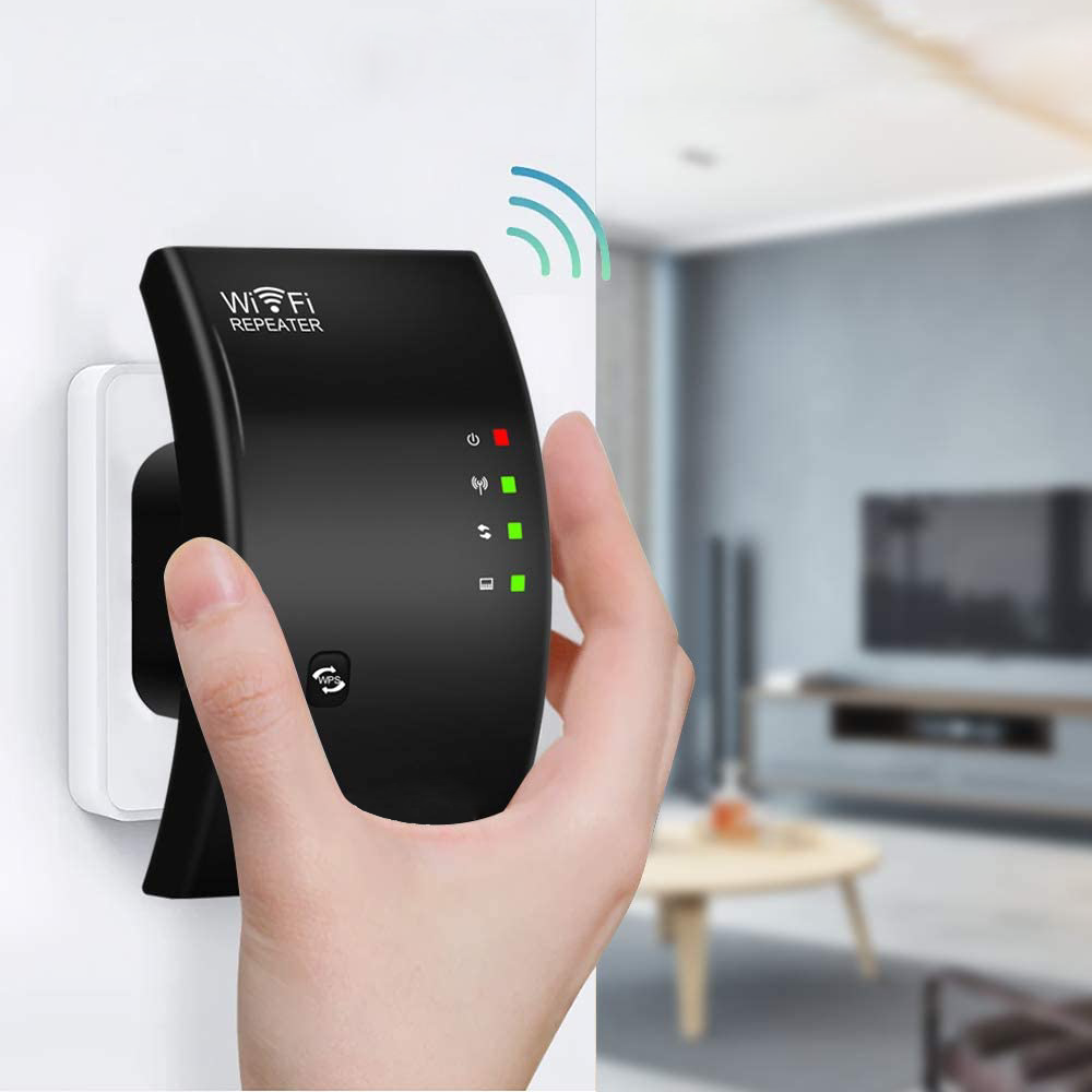 "Draadloze WiFi-signaalversterker, compacte witte behuizing, plug-and-play, voor betere internetdekking in huis"