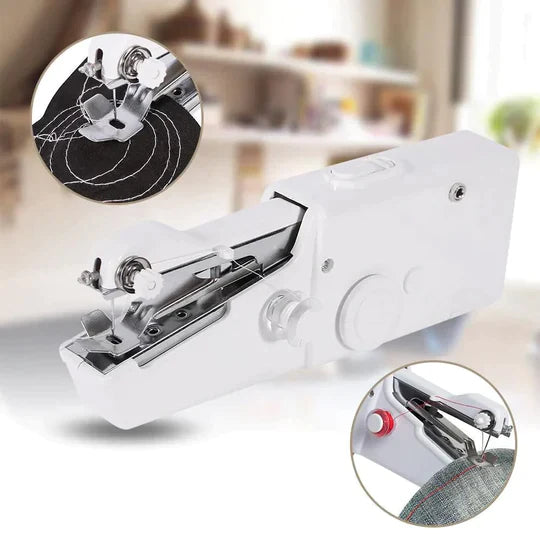 "Draagbare mini-naaimachine, compact en licht, ideaal voor hobbyprojecten; beschikbaar in roze, wit en zwart."
