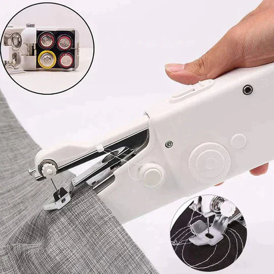 "Draagbare mini-naaimachine, compact en licht, ideaal voor hobbyprojecten; beschikbaar in roze, wit en zwart."