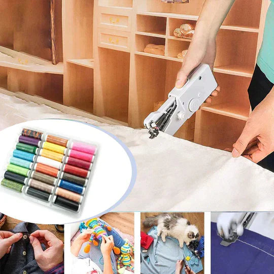 "Draagbare mini-naaimachine, compact en licht, ideaal voor hobbyprojecten; beschikbaar in roze, wit en zwart."