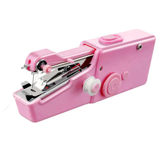 "Draagbare mini-naaimachine, compact en licht, ideaal voor hobbyprojecten; beschikbaar in roze, wit en zwart."