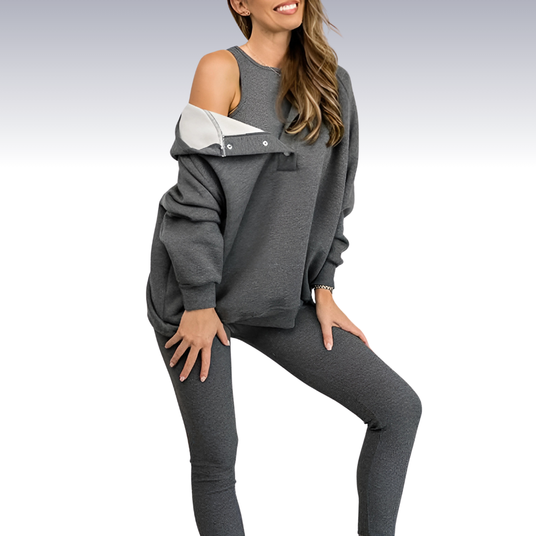 "Driedelige sportset dames met elegante top, sportbeha en legging; ademende en elastische stoffen voor comfort en stijl."