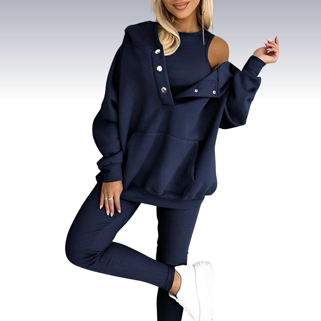 "Driedelige sportset dames met elegante top, sportbeha en legging; ademende en elastische stoffen voor comfort en stijl."